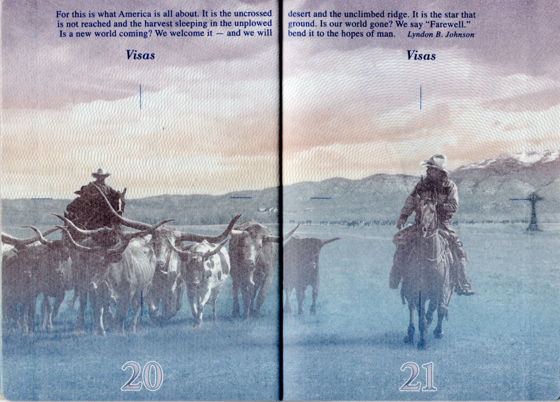 Open United States passport showing blank visa pages decorated with a western cattle-drive engraving
